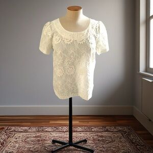 Anthro Meadow Rue Ivory Sheer short sleeved blouse- with floral Contrast Sz S